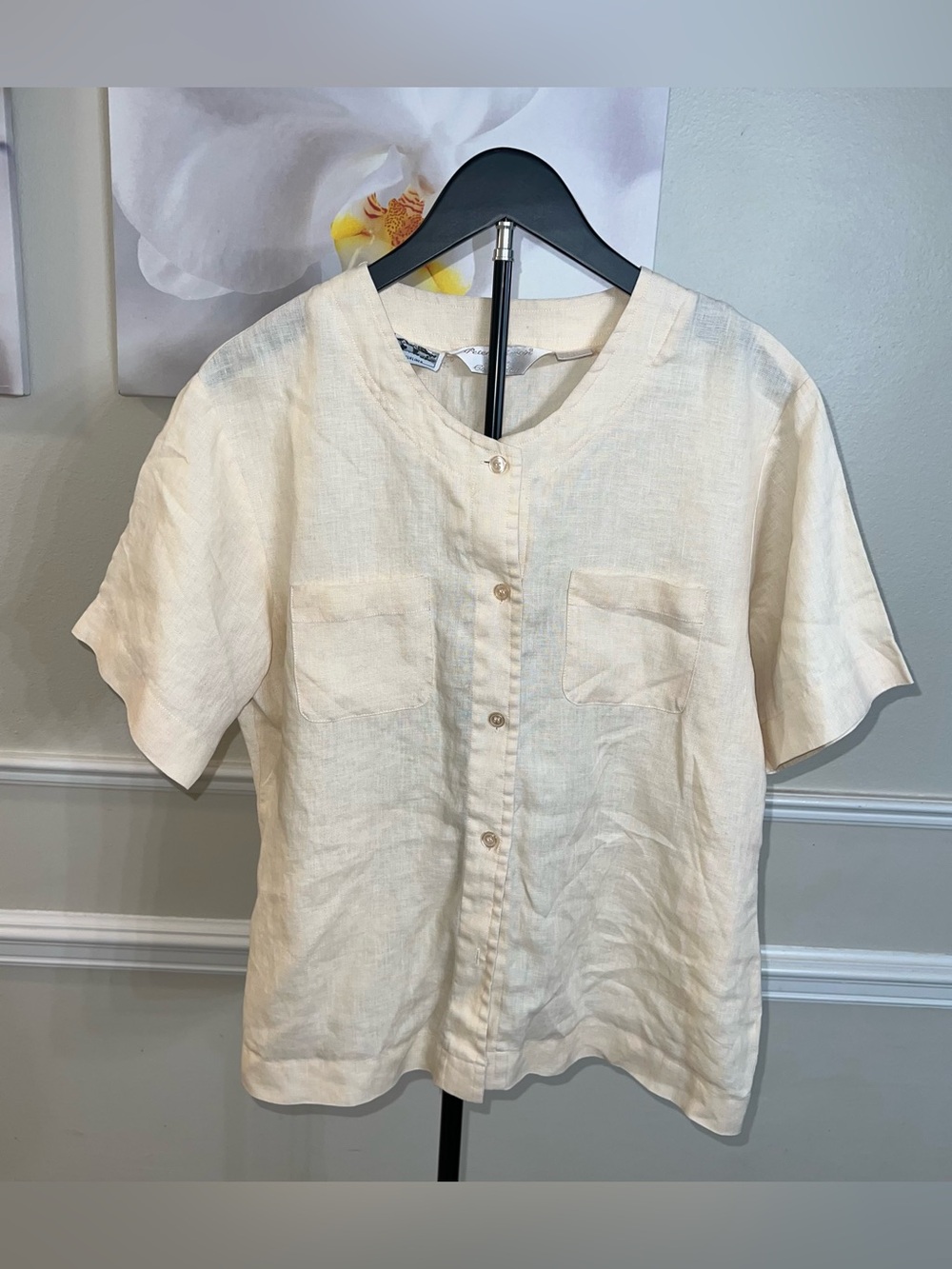 Peter Martin Linen Collection Cream Button-Up Short Sleeve Top! Size Large. 💛